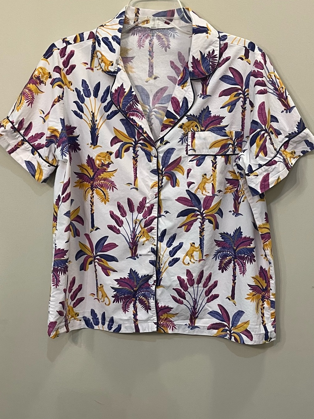 Print Fresh button front short sleeve pajama top Monkey tropical print cotton M